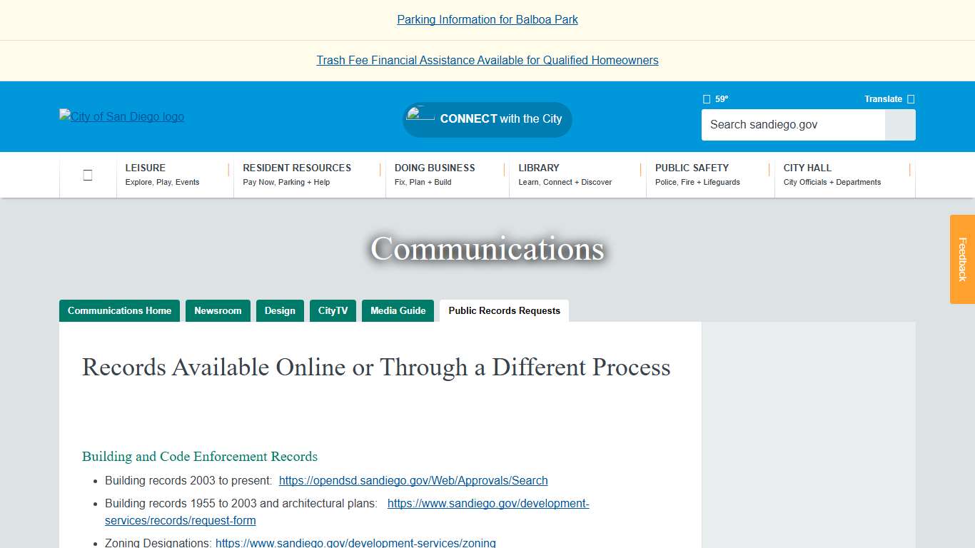 Records Available Online or Through a Different Process City of San Diego Official Website