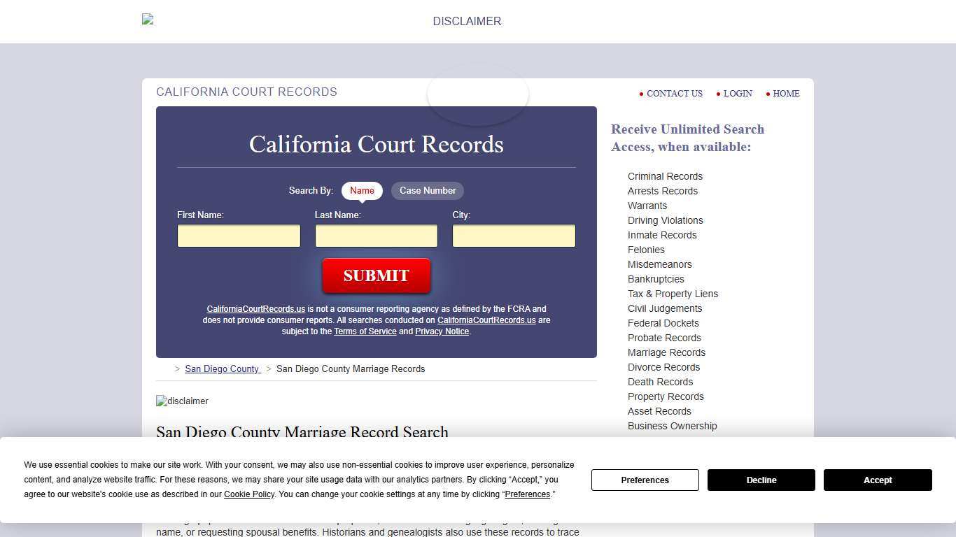 San Diego County Marriage Records CaliforniaCourtRecords.us